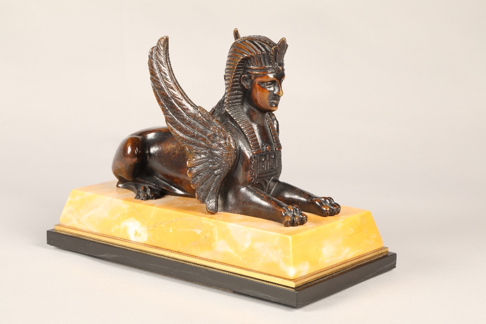 Pair of bronze Egyptian revival winged Sphinx on marble base, overall length 28 cm  (2) - Image 7 of 8