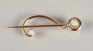 Murrle Bennett Ladies 9ct gold pin set with two opals, 1.5 grams.