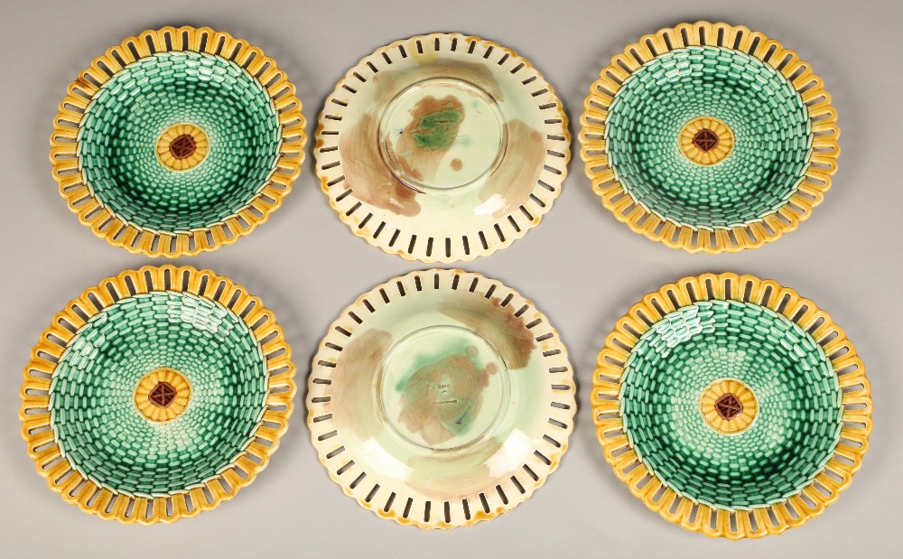 Seven piece Wedgwood majolica fruit set, with green lustre weave effect with yellow pierced border. - Image 4 of 6