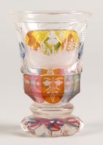 Bohemian glass beaker with engraved hunting scene, clear with pink,blue and amber flashed