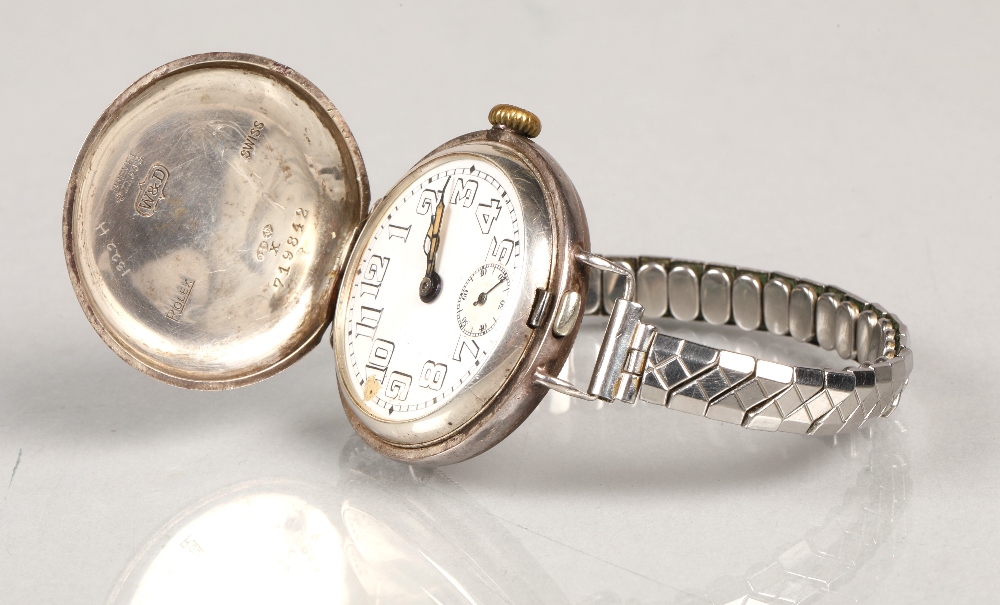 Rolex silver full hunter officers wrist watch. White numbered dial with subsidiary dial. Hinged - Image 2 of 9