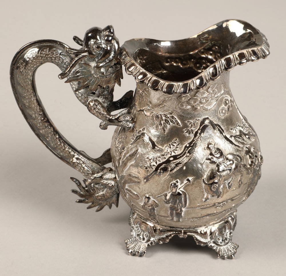 Fantastic 19th century chinese silver four piece tea and coffee service, decorated with warriors, - Image 43 of 51