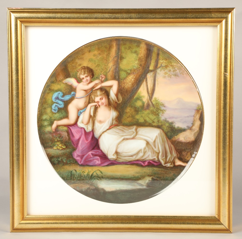 Mounted and framed Royal Vienna porcelain plaque, hand painted and titled 'Cupido Fesselt Aglaia - Image 2 of 4