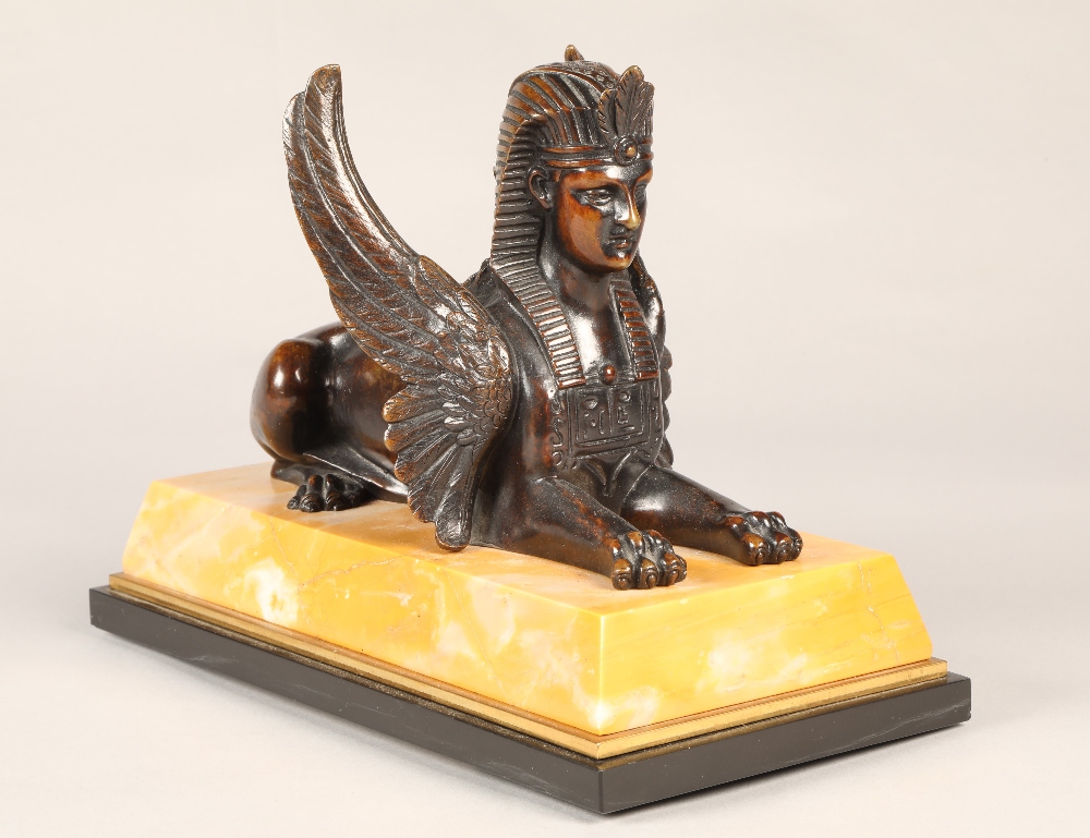 Pair of bronze Egyptian revival winged Sphinx on marble base, overall length 28 cm  (2) - Image 3 of 8