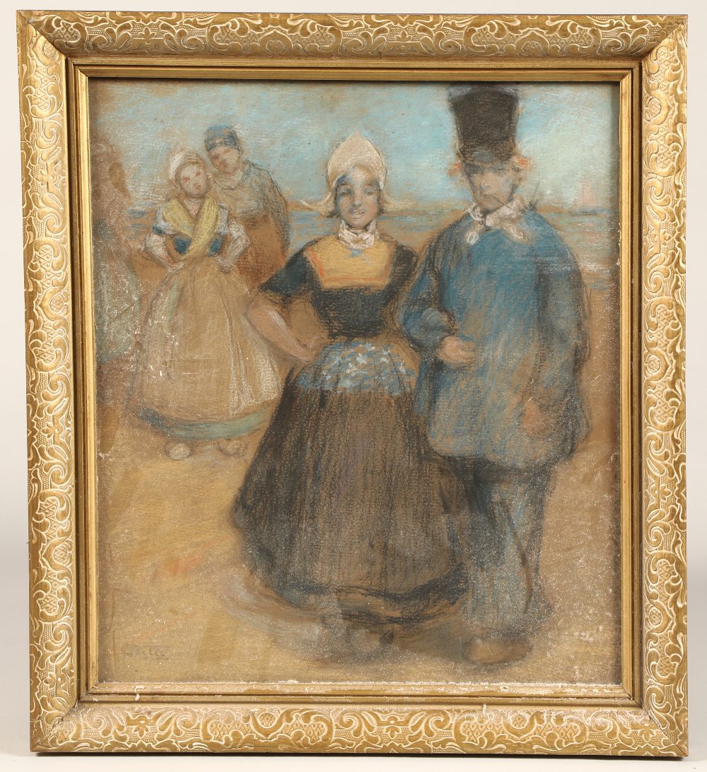 Continental School (20th century), gilt framed mixed media, indistinctly signed, "Dutch Figures On A - Image 2 of 2