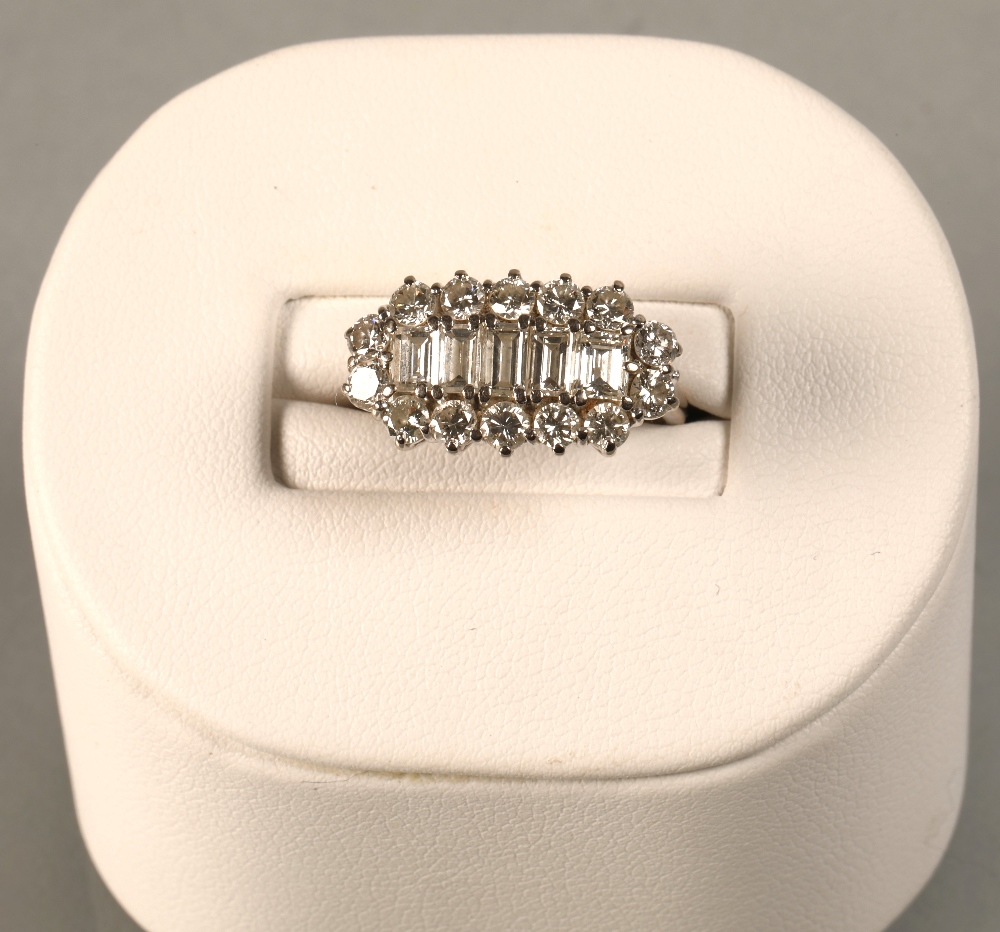 Ladies 18ct white gold diamond cluster ring, central row of five baguette cut diamonds surrounded by - Image 7 of 9