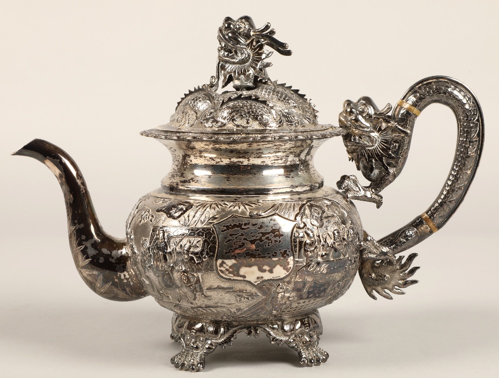 Fantastic 19th century chinese silver four piece tea and coffee service, decorated with warriors, - Image 21 of 51