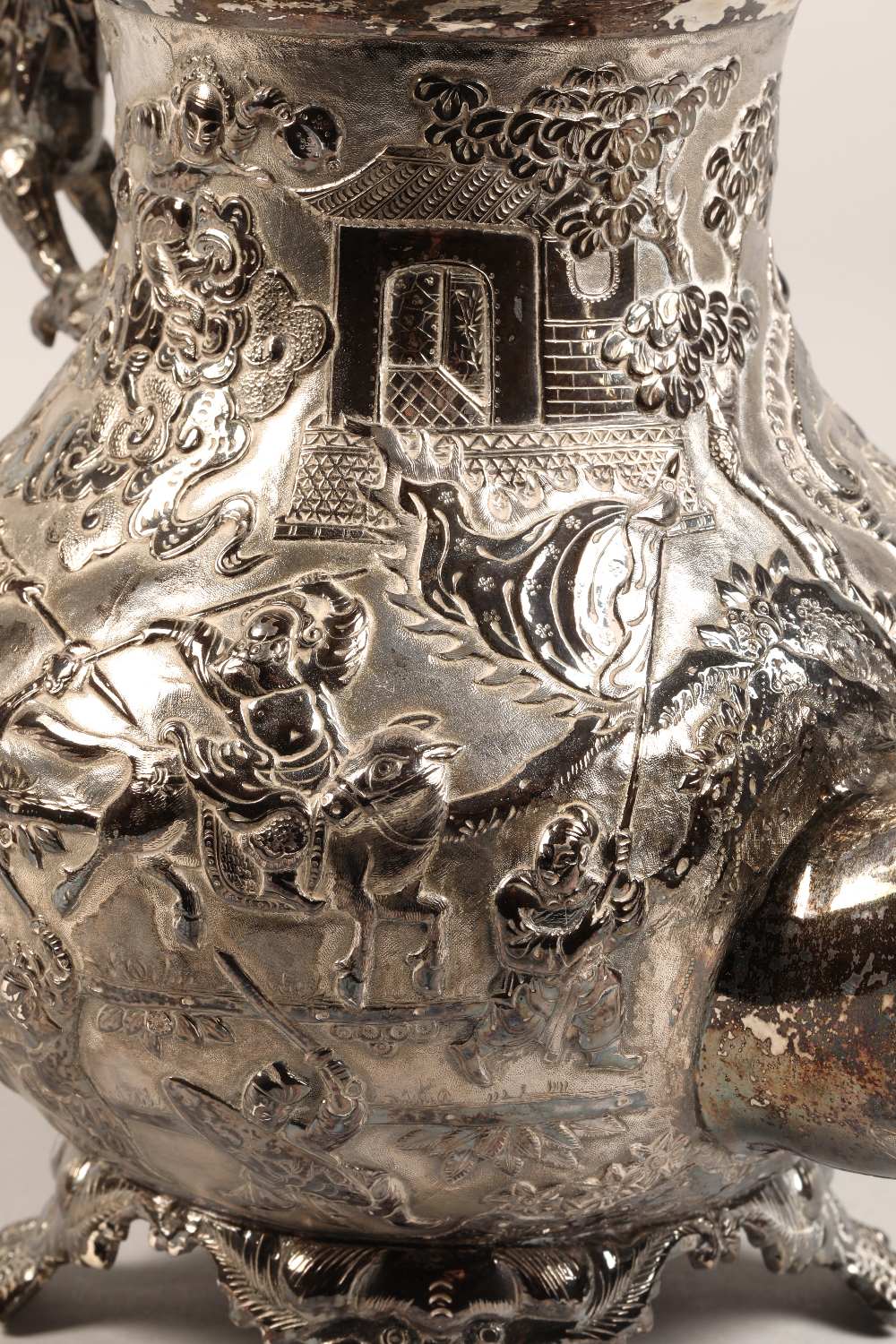 Fantastic 19th century chinese silver four piece tea and coffee service, decorated with warriors, - Image 11 of 51