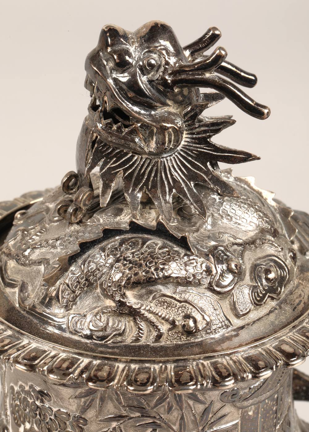 Fantastic 19th century chinese silver four piece tea and coffee service, decorated with warriors, - Image 12 of 51