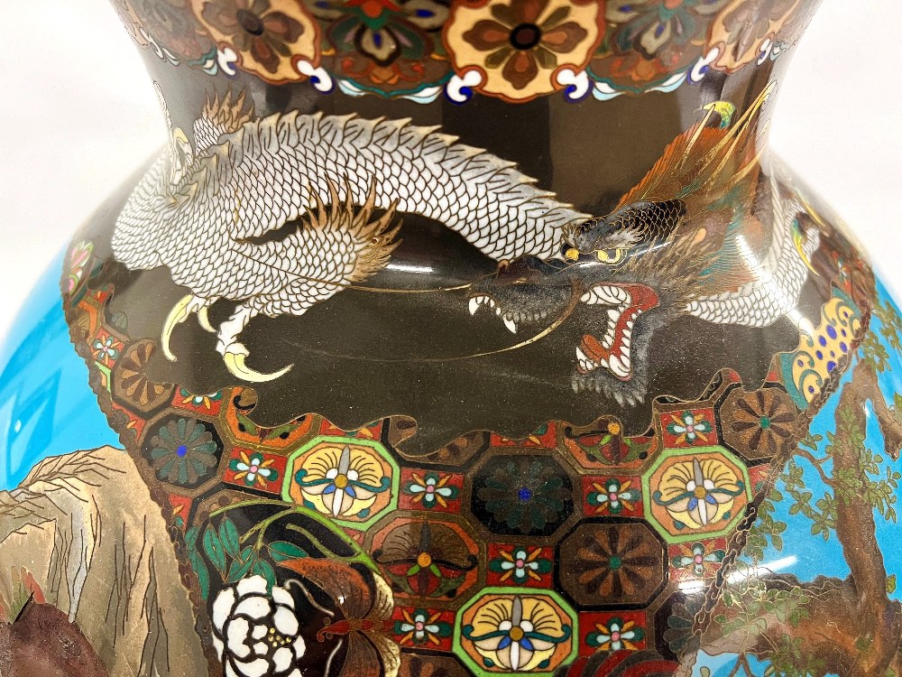 Magnificent Japanese cloisonne vase and cover, the bulbous body decorated with three panels - Image 6 of 12