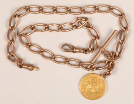 Double albert 9ct rose gold curb link albert watch chain with gold one pond coin attached, total