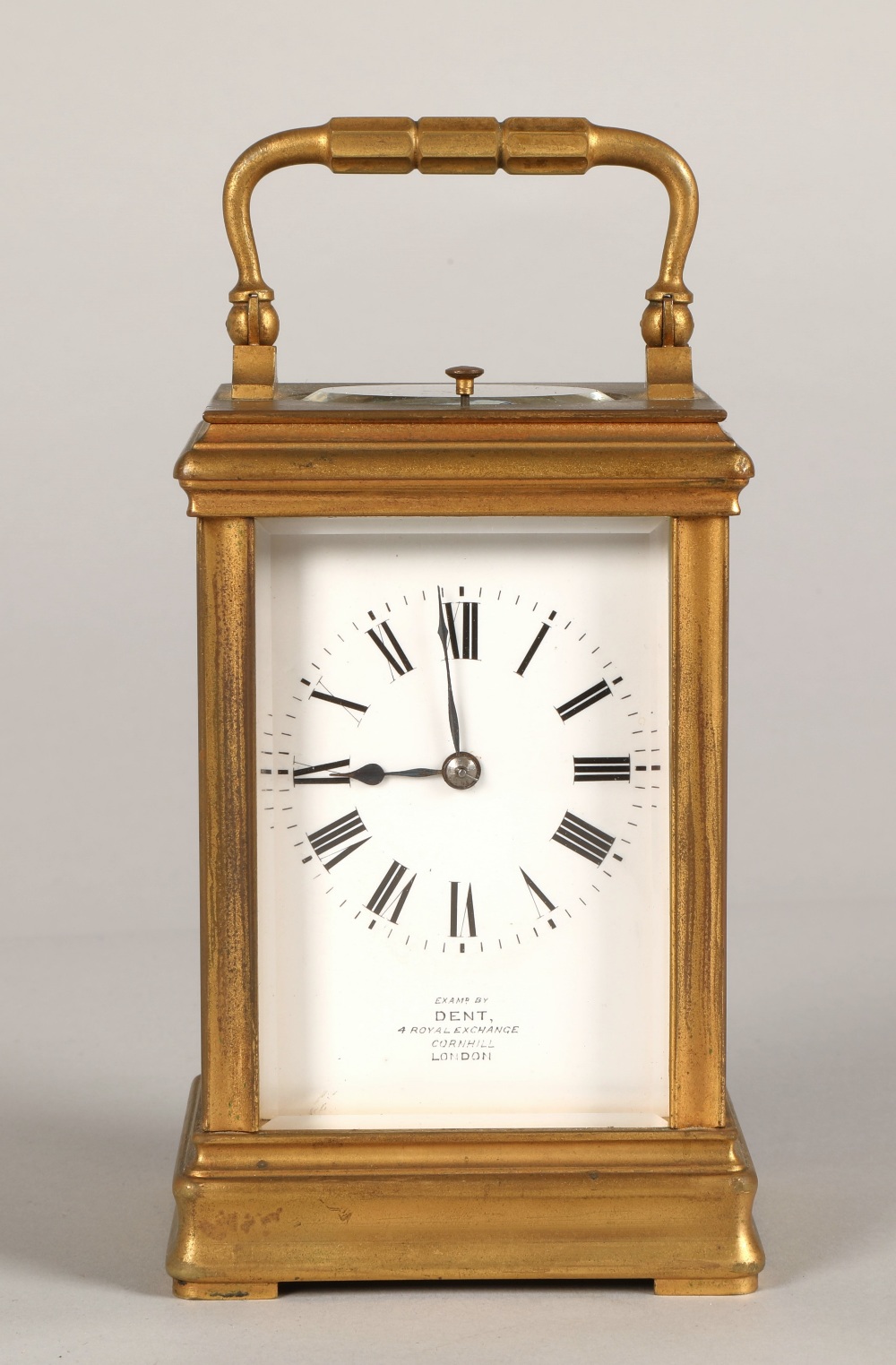 French brass repeating carriage clock, engraved AIGUILLES on the back,  Examp by Dent, 4 Royal