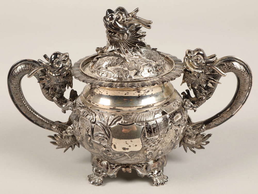 Fantastic 19th century chinese silver four piece tea and coffee service, decorated with warriors, - Image 32 of 51