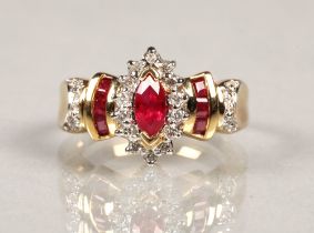 Ladies 14k gold diamond and ruby ring, ring size L/M.