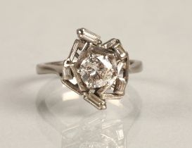 18ct white gold diamond solitaire ring surrounded with baguette cut diamonds, central diamond one