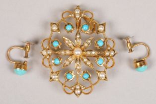 Ladies 9ct yellow gold turquoise and seed pearl brooch/pendant, with pair of 9ct gold turquoise