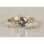 Ladies 18ct yellow gold 1.25 carat diamond solitaire ring with diamond shoulders, ring size N.