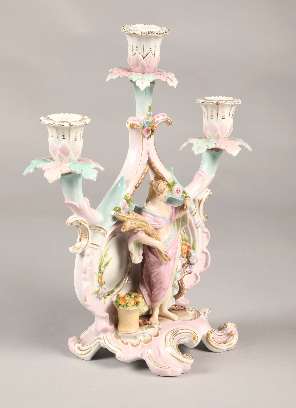 Meissen style candelabra with cross sword markings, featuring a classical figure holding wheat - Image 4 of 6