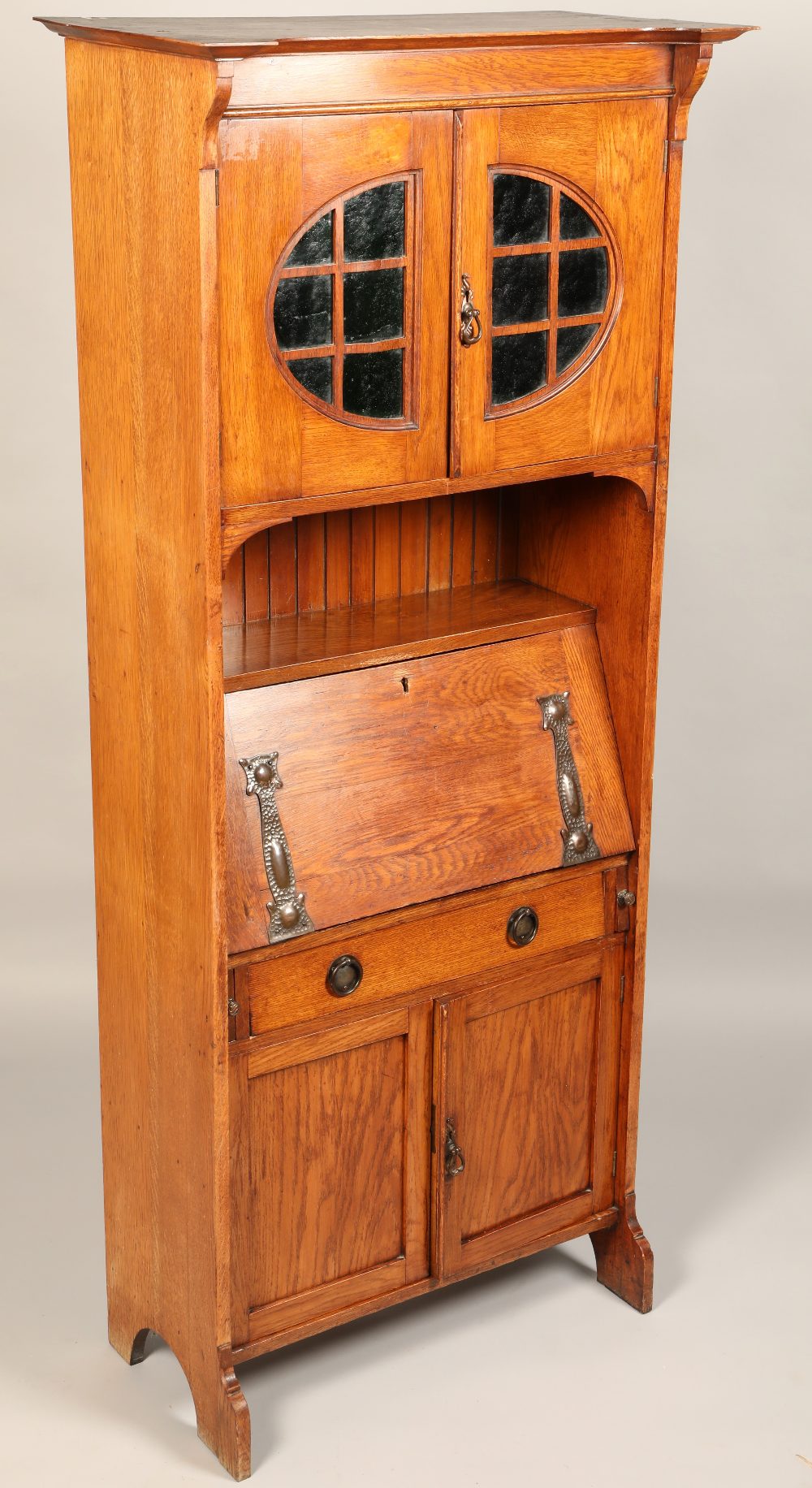 Arts and crafts oak bureau bookcase, with copped stylized mounts, green glazed top cupboard, 179 x - Image 2 of 3