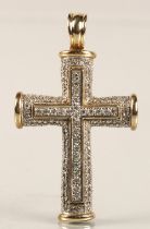 9ct white and yellow gold mounted diamond encrusted cross pendant, 13 grams.