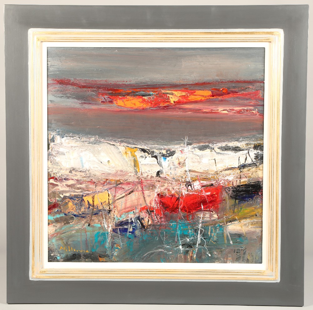 Nael Hanna (Scottish/Iraqi born 1959) ARR, framed oil on board, signed, "Red Sky Over West Haven", - Image 2 of 3