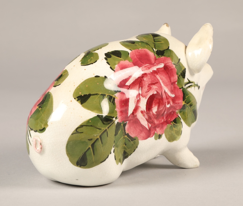 Wemyss ware pig, hand painted with cabbage rose decoration, 16cm long. - Image 3 of 7