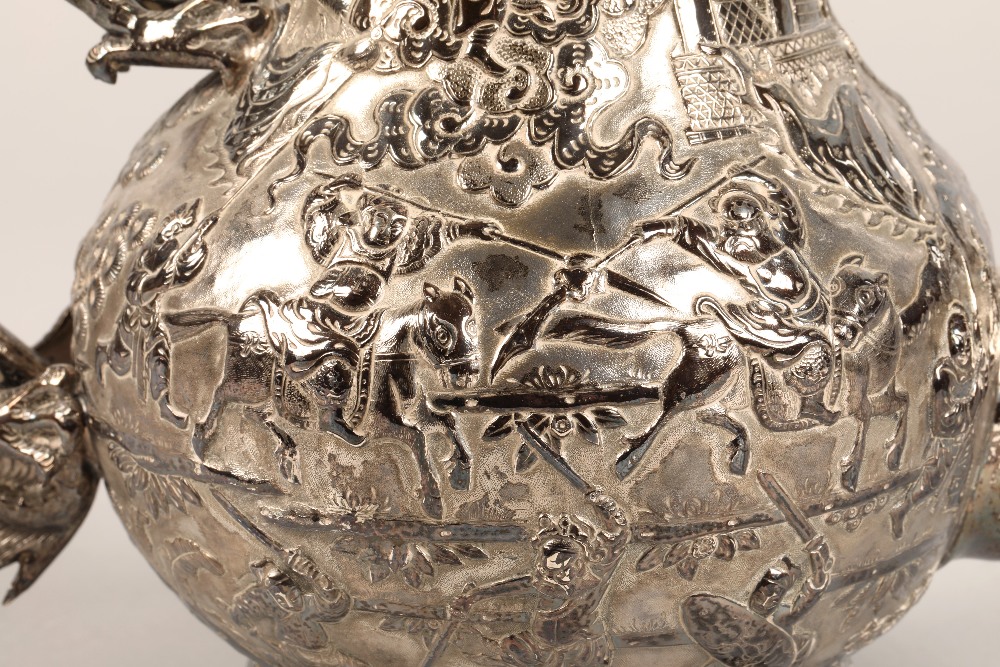 Fantastic 19th century chinese silver four piece tea and coffee service, decorated with warriors, - Image 9 of 51