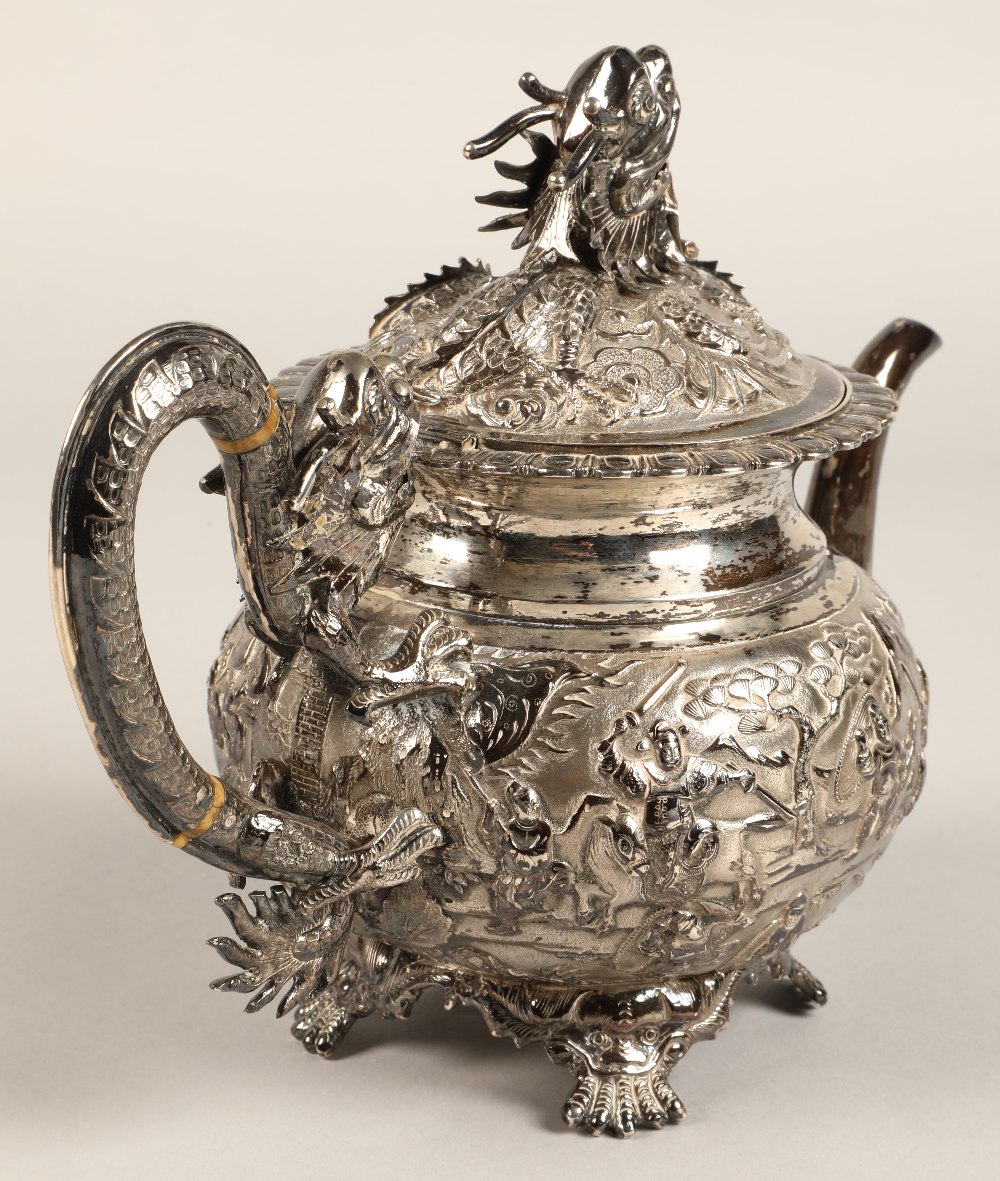 Fantastic 19th century chinese silver four piece tea and coffee service, decorated with warriors, - Image 20 of 51