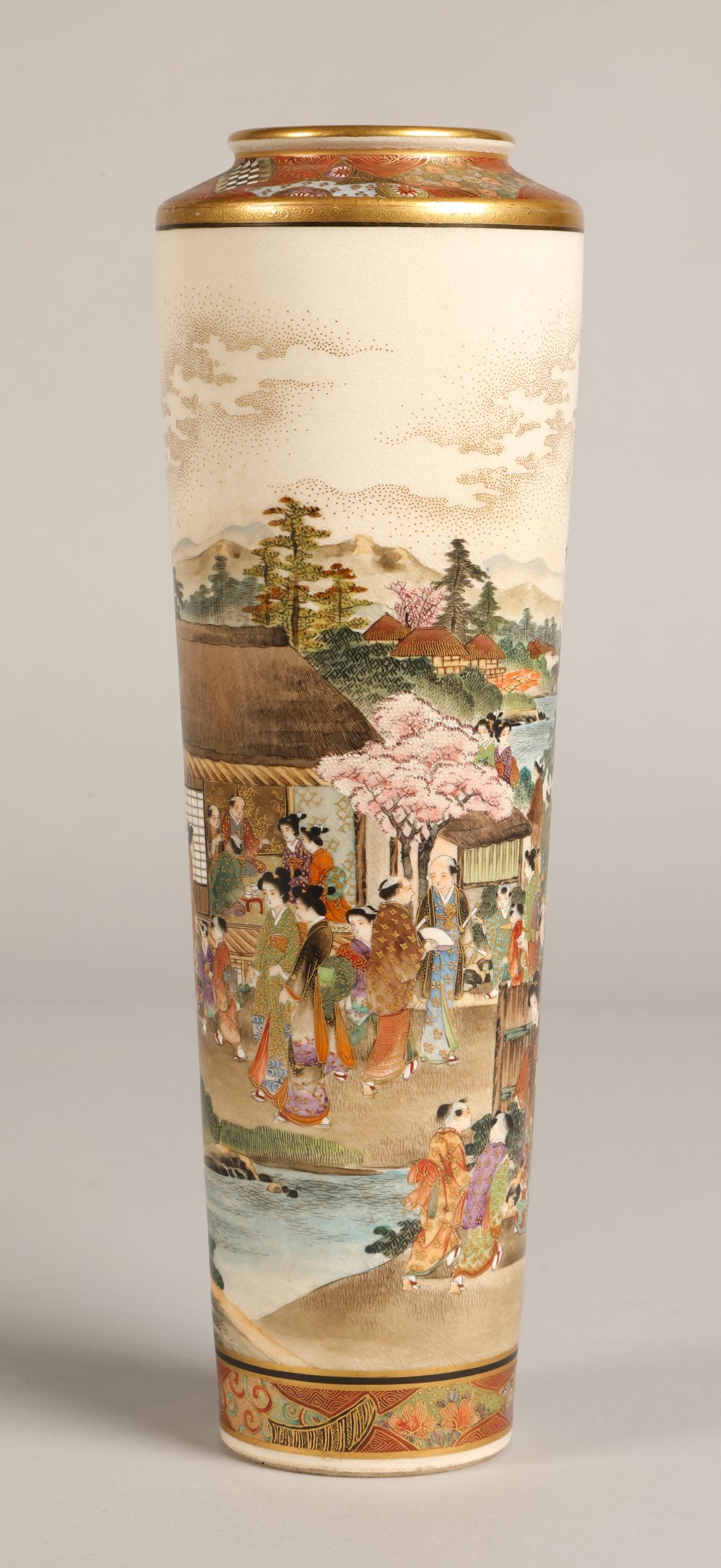 Japanese Satsuma Meiji period vase of elongated form, decorated with nobles in luxurious dress on - Image 3 of 12