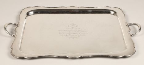 Large twin handled silver tray, assay marked Sheffield 1927, inscribed ',Presented to John
