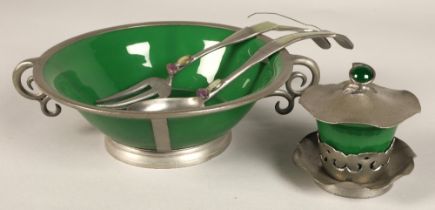 Chinese pewter mounted green glass bowl and servers and pewter mounted green glass preserve jar.