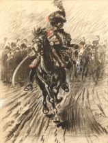 Caran D' Ache (Russian/French 1858-1909) Framed charcoal and watercolour - signed 'The Charge'