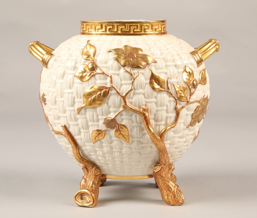 Royal Worcester cream and gilt weaved basket vase, 21cm high. - Image 4 of 6