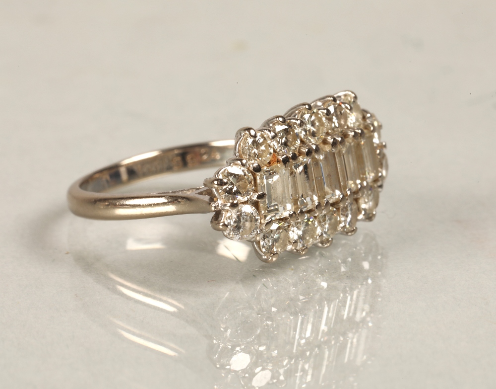 Ladies 18ct white gold diamond cluster ring, central row of five baguette cut diamonds surrounded by - Image 2 of 9