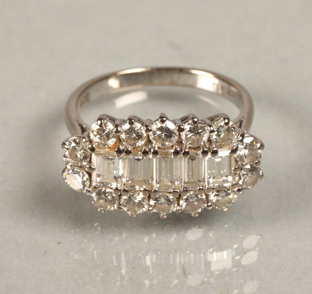 Ladies 18ct white gold diamond cluster ring, central row of five baguette cut diamonds surrounded by - Image 4 of 9