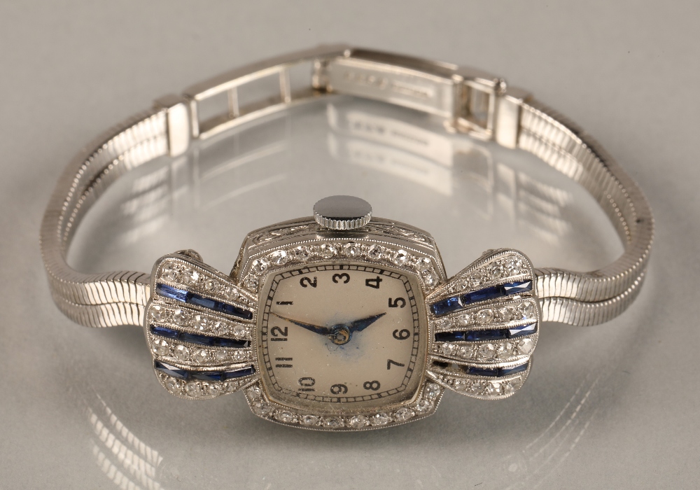 Ladies platinum and sapphire cocktail watch, numbered dial surrounded by small diamonds, with four - Image 3 of 4