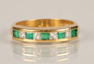 Ladies 18ct gold Diamond and Emerald ring, five square cut emeralds interspersed with four square