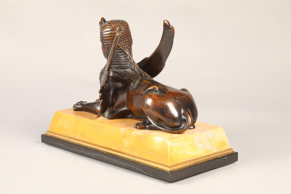 Pair of bronze Egyptian revival winged Sphinx on marble base, overall length 28 cm  (2) - Image 5 of 8