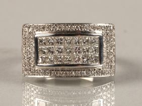 Ladies one carat white gold diamond cluster ring ,three central rows of seven diamonds, surrounded