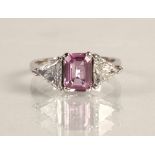Ladies 18ct white gold pink sapphire and diamond ring, central cushion cut pink sapphire 1 carat,