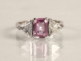 Ladies 18ct white gold pink sapphire and diamond ring, central cushion cut pink sapphire 1 carat,