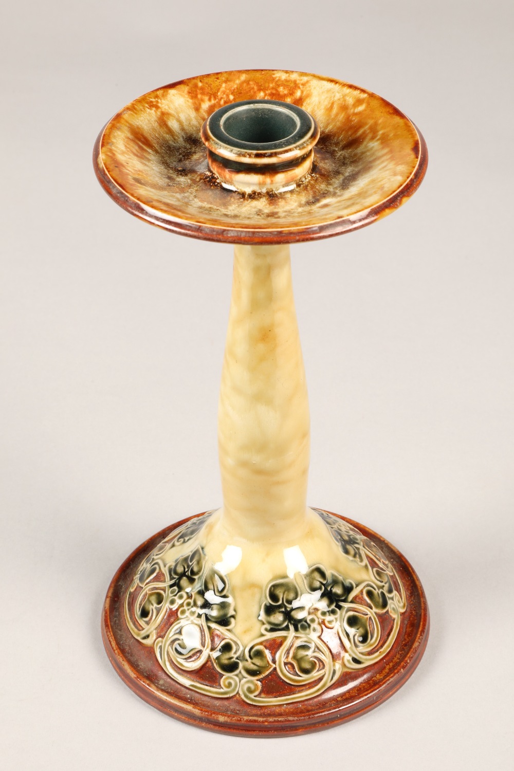 Pair of Doulton Lambeth aesthetic movement candlesticks in the liberty style, 23cm high (2) - Image 3 of 4