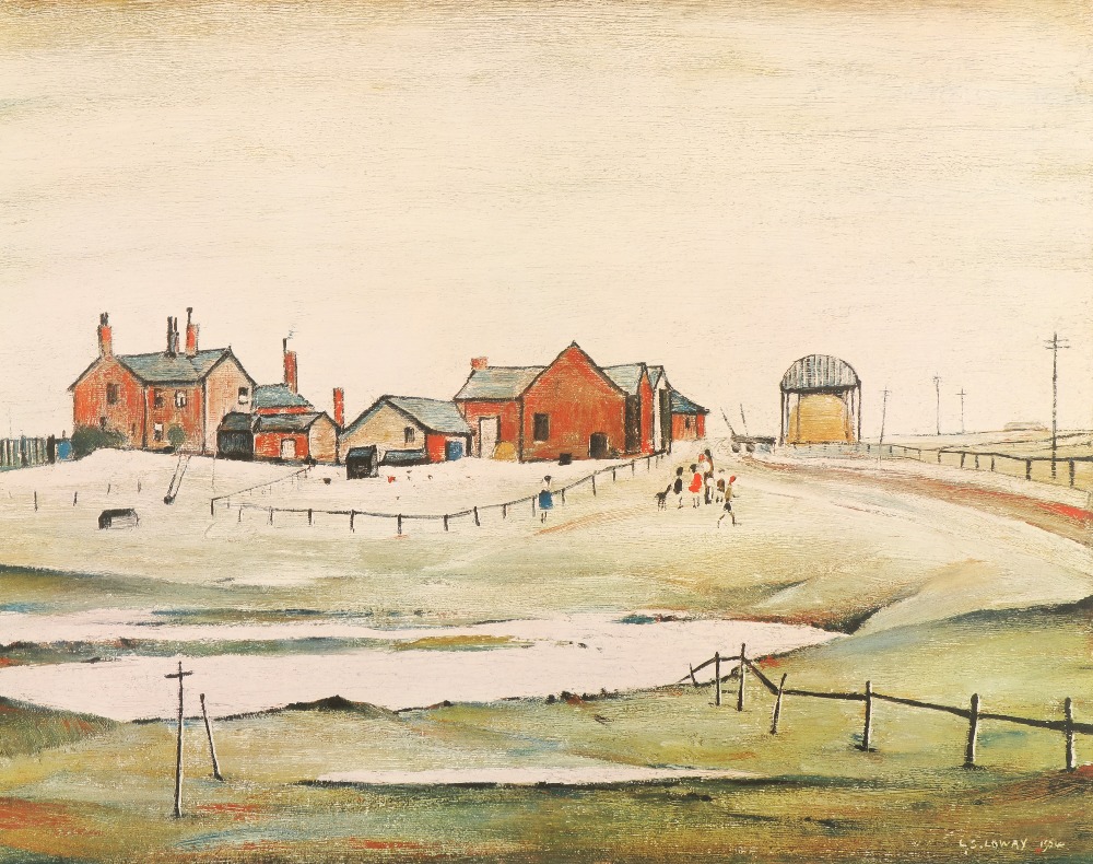 Laurence Stephen Lowry RA (1887-1976) ARR Framed print, landscape with farm buildings, signed in