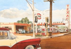 Araun Gordijn ,framed watercolour, signed, "Petrol Station",51cm x 72cm.