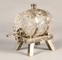 An early 20th century, silver plated novelty crystal spirit barrel.