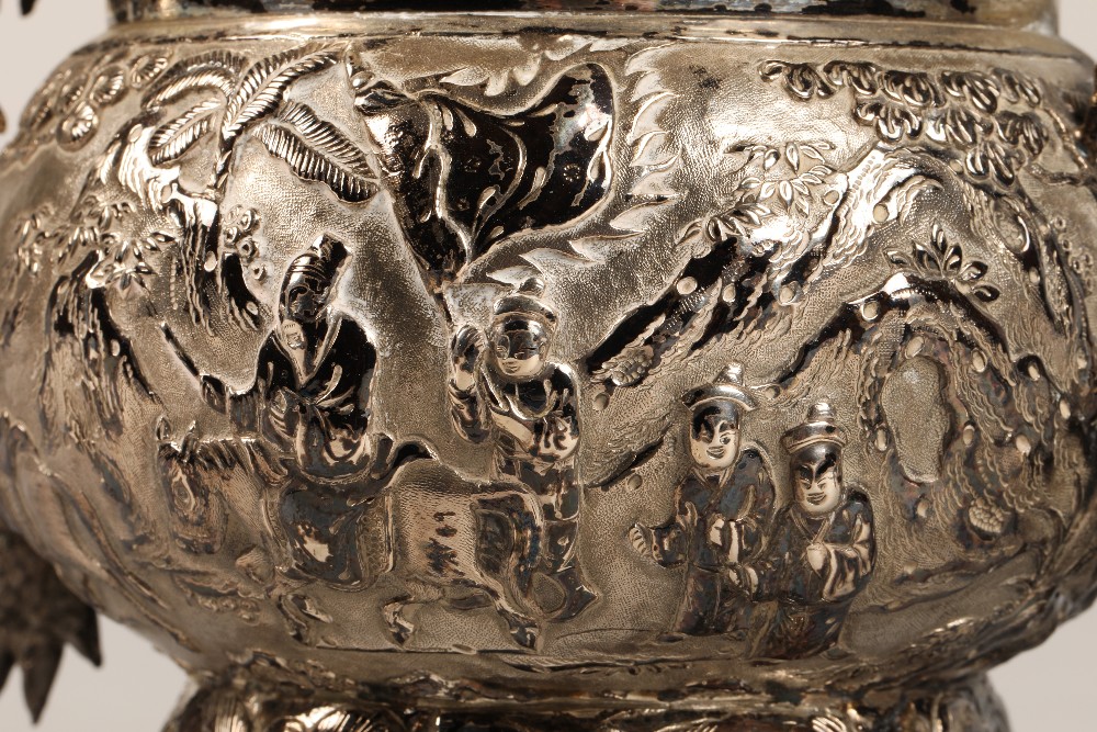 Fantastic 19th century chinese silver four piece tea and coffee service, decorated with warriors, - Image 39 of 51