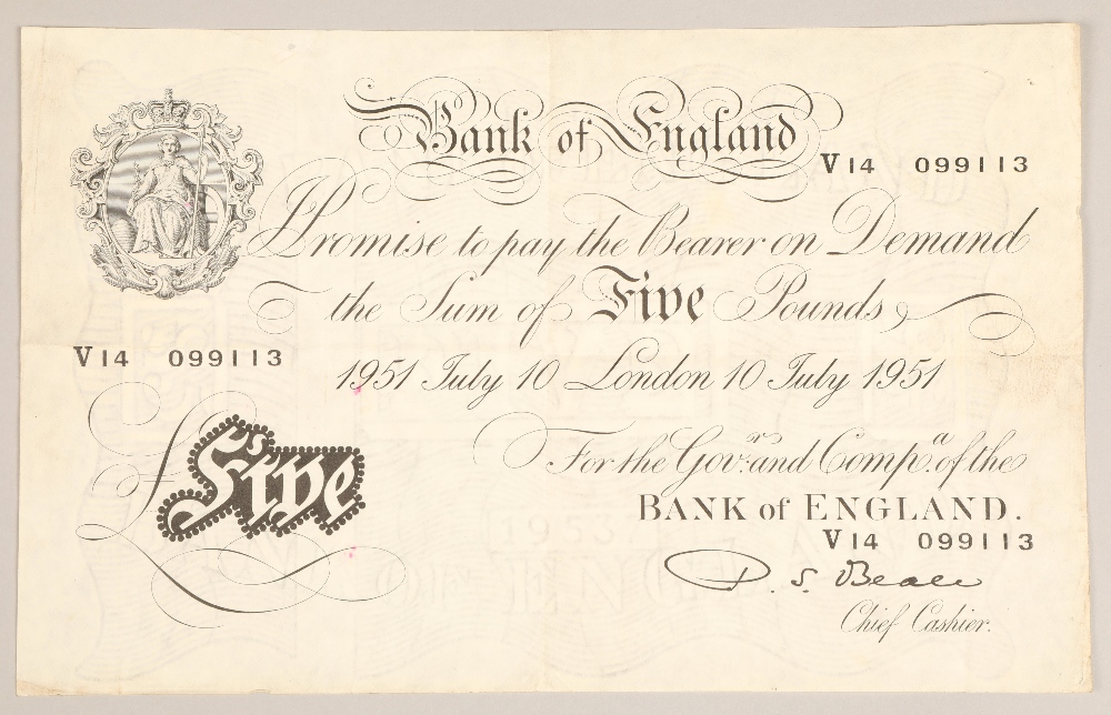 Bank of England Five Pound Note, July 10 1951, V14 099113.