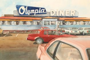 Araun Gordjn, framed watercolour,"signed lower left, dated 1990," Olympia Diner", 52cm x 71cm.