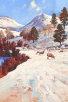 Craig Campbell (Scottish born 1960) ARR framed oil on board "Stags in snowy Scottish landscape"