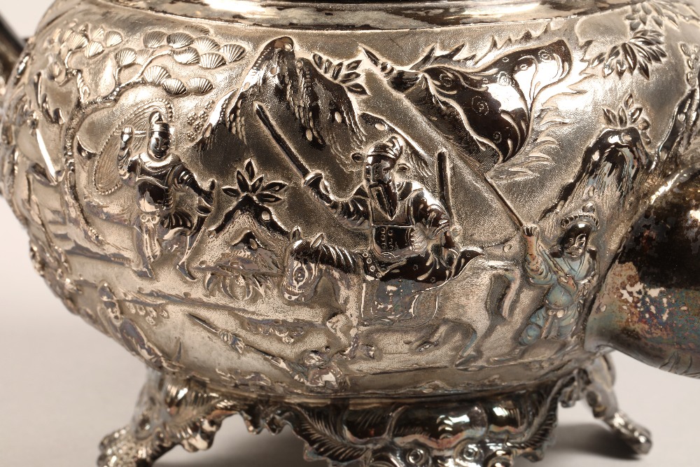 Fantastic 19th century chinese silver four piece tea and coffee service, decorated with warriors, - Image 26 of 51